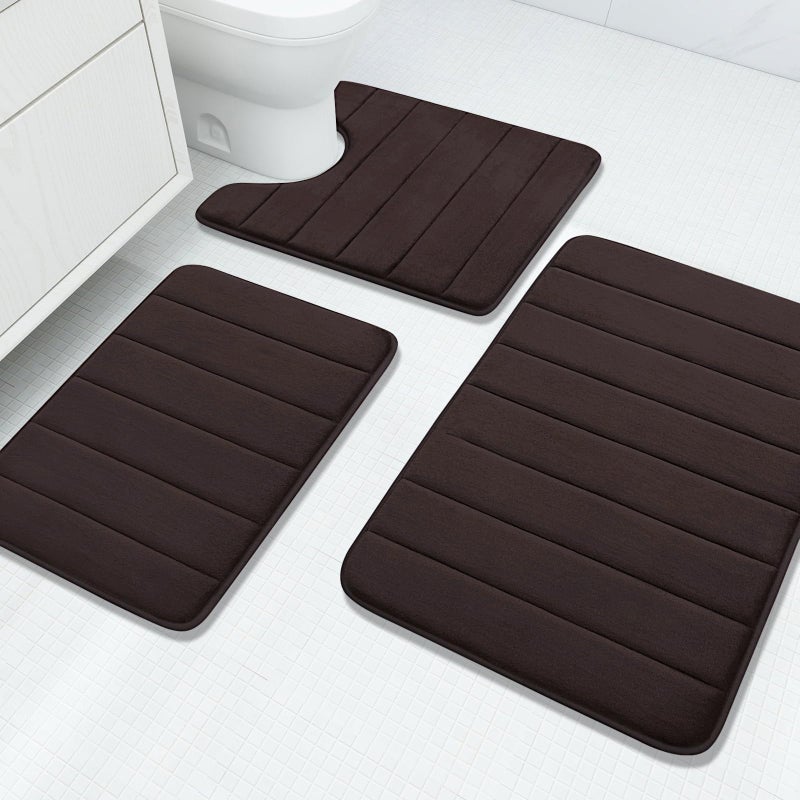 Buganda Memory Foam 3 Pieces Bathroom Rugs Set - Thick Soft Absorbent Non-Slip Bath Mats, Washable Small/Large/Contour Bath Rugs (24" x 16" + 30" x 20" + 24" x 20", Coffee) - Image 1